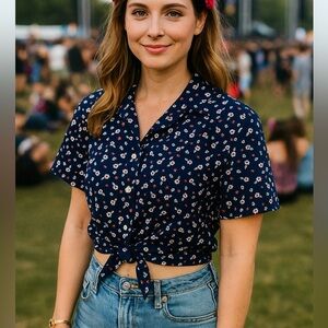 Mushroom Hippie Floral Tie Up Crop Top Button Music Festival Concert Woodstock